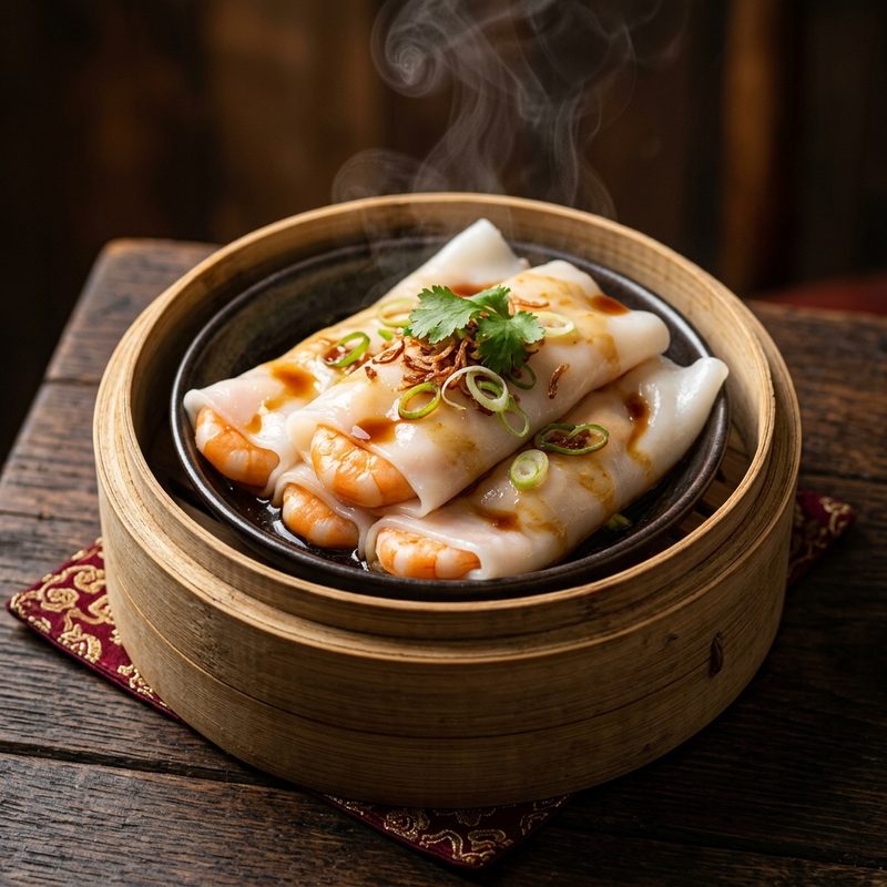 Cheung Fun (Steamed Rice Rolls with Prawn)